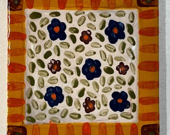 4 flower ceramic tiles, handmade ceramic tiles, hand painted tile set, whimsical tile set, pottery tile, 4.5 tile set, art tile, flower tile