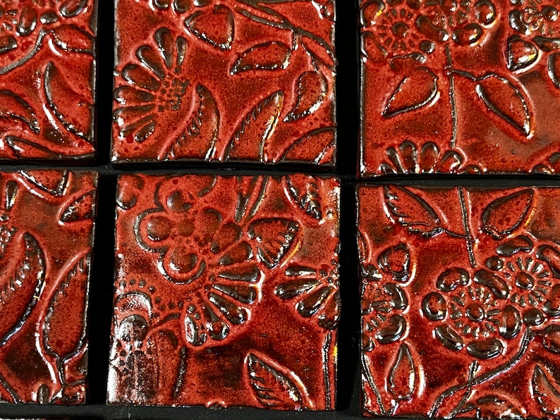 Red Flower Tile, Handmade Tile, Ceramic Tile, Fireplace Tile, Red Tile ...