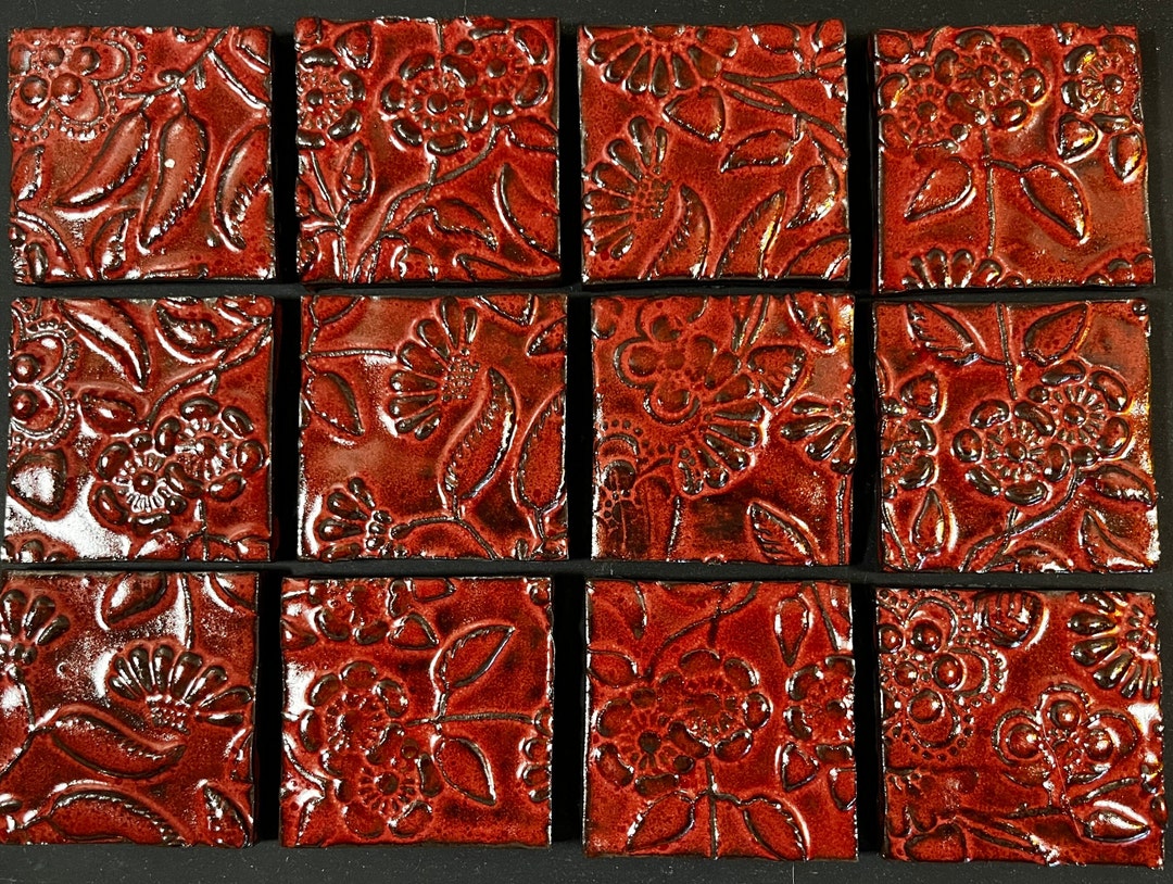 Red Flower Tile, Handmade Tile, Ceramic Tile, Fireplace Tile, Red Tile