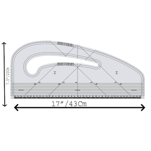 May include: A clear plastic sewing curve ruler featuring black measurement markings, angle lines, and seam allowance guides. The tool measures 17 inches in length and 7.5 inches in height, with printed text indicating 10 mm and 5 mm seam allowances.