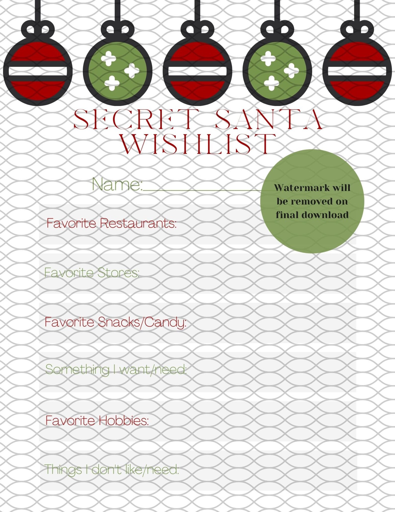 Secret Santa Wish List Printable, Secret Santa Questionnaire Printable Download, Gift Exchange ...