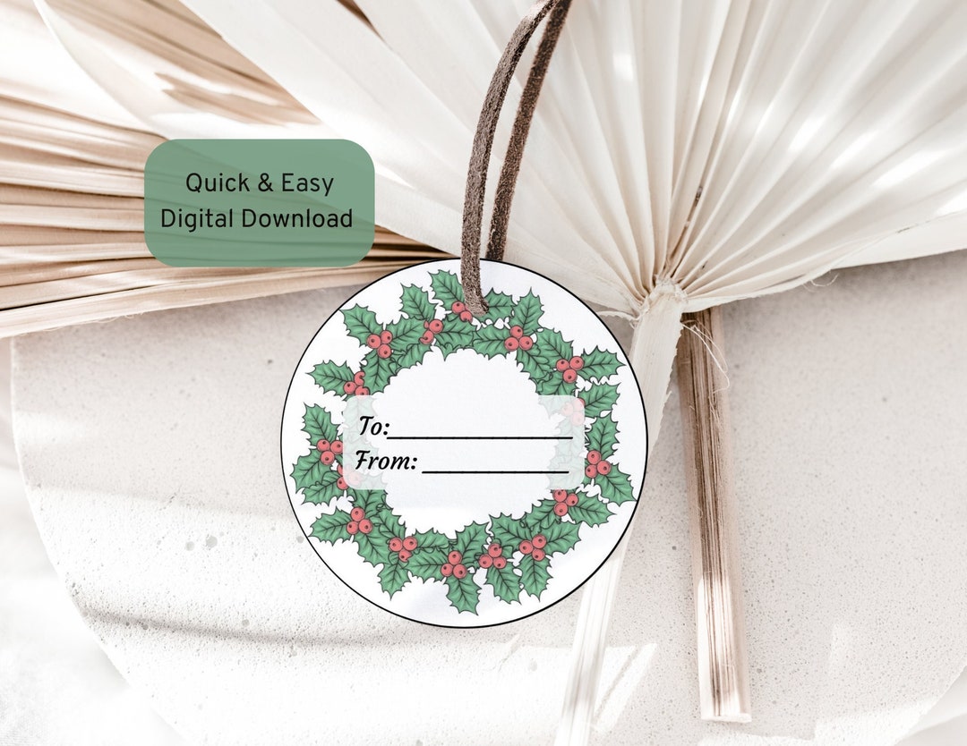 Christmas and Holiday Gift Tags Printable, Wreath Gift Tag, Circle ...