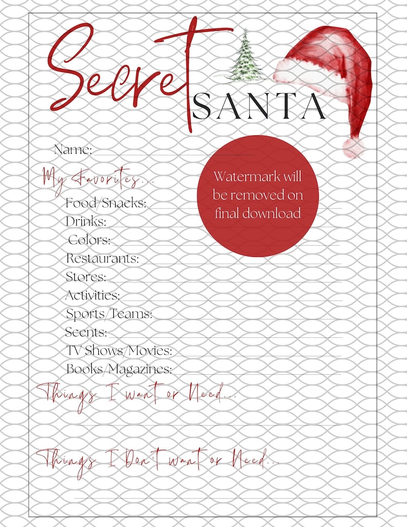 Watercolor Secret Santa Wish List Printable, Secret Santa Questionnaire ...