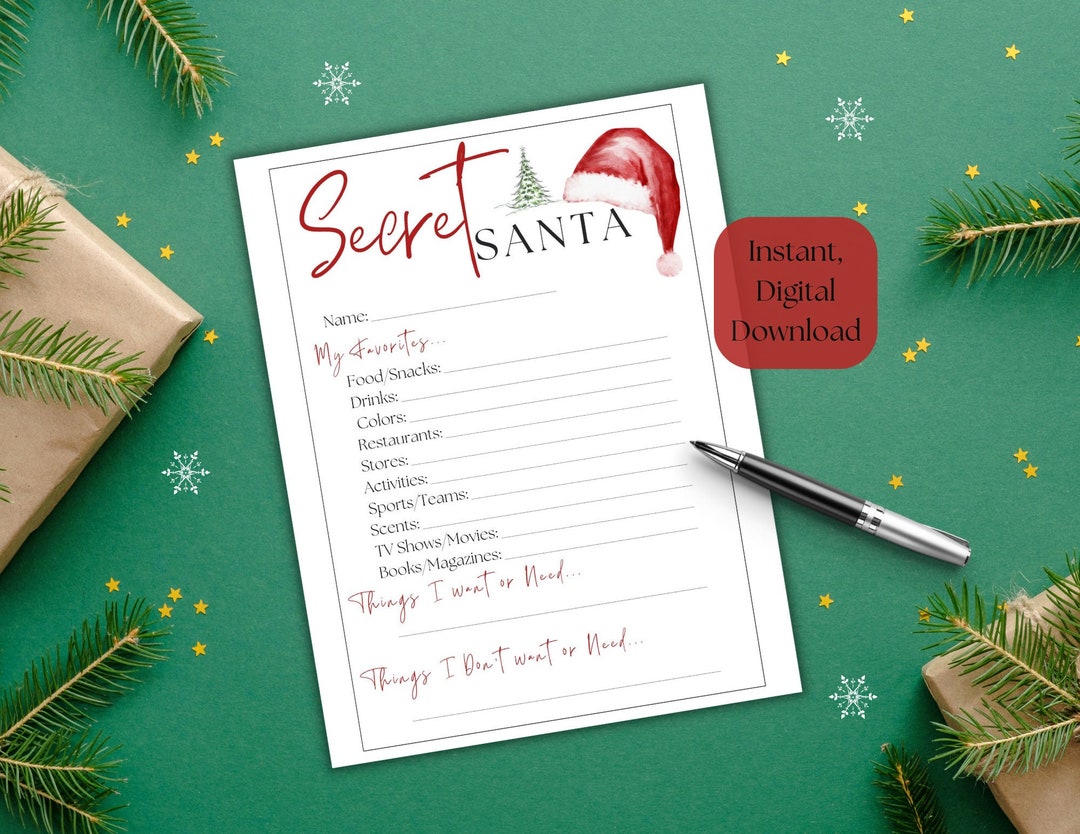 Watercolor Secret Santa Wish List Printable, Secret Santa Questionnaire ...