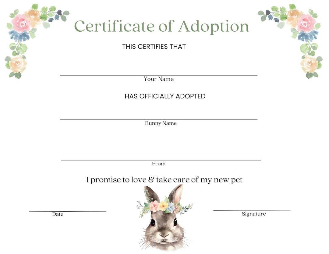 Rabbit Adoption Certificate Pet Rabbit Document Printable Letter Sized ...