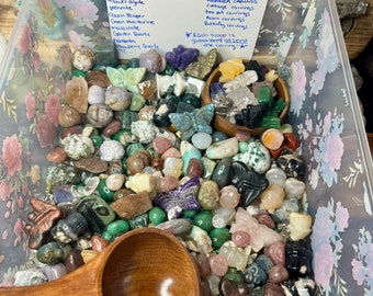 May include: A clear plastic container filled with a variety of colourful stones and small carved figurines. The container is labelled "Fairy Mushroom Forest" and lists different types of stones and carvings. Each scoop is guaranteed to have at least one carving.