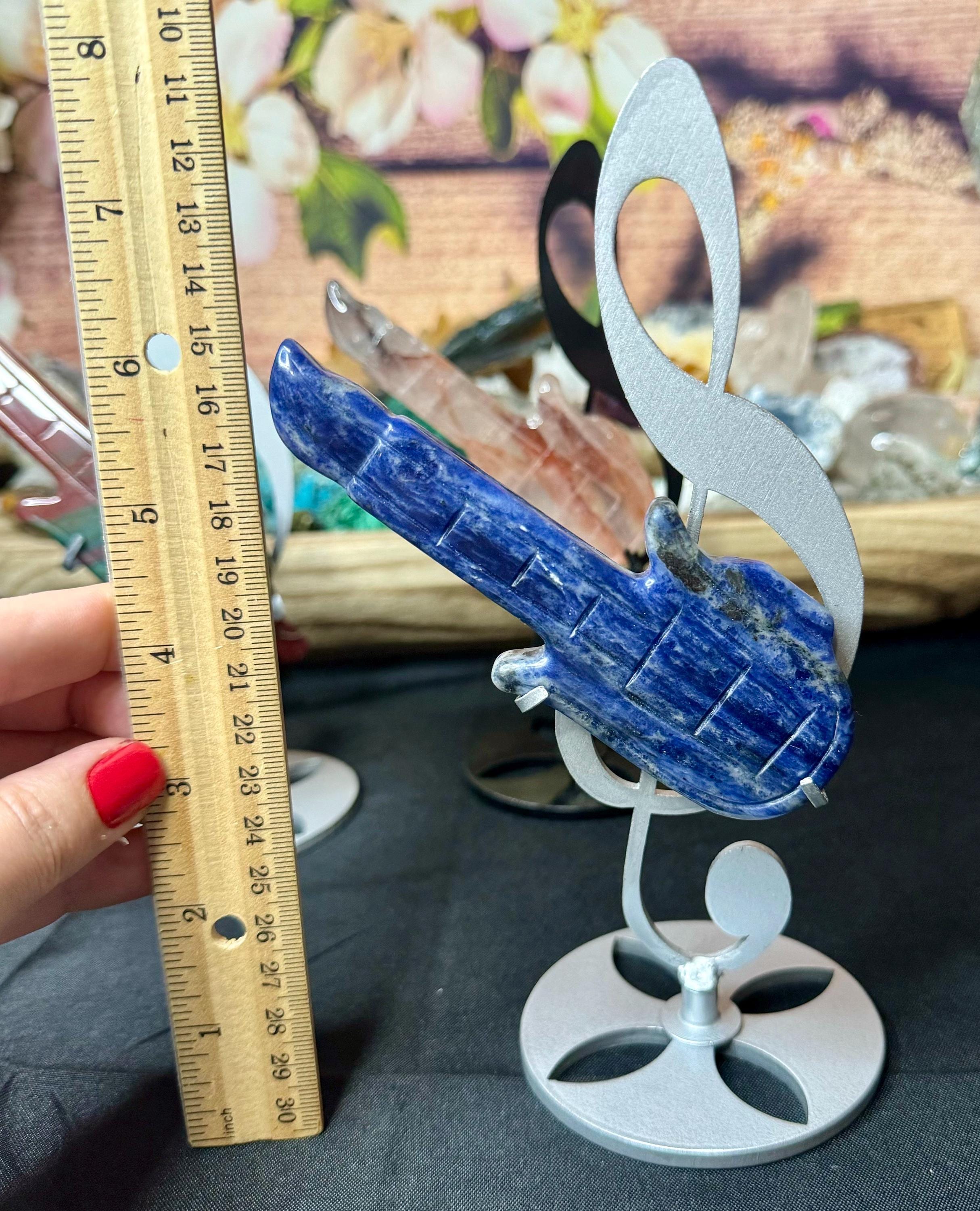 Unique Guitar Carvings on Musical Stand with Crystal Guitars and Caribbean Calcite - Perfect Gift for Music Lovers