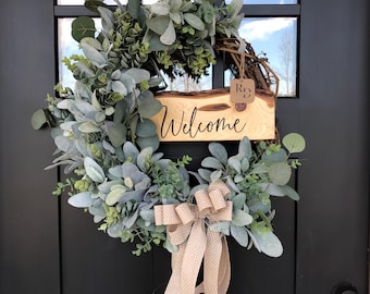 Farmhouse Welcome Wreath: Lambs Ear, Eucalyptus & Live Edge Sign