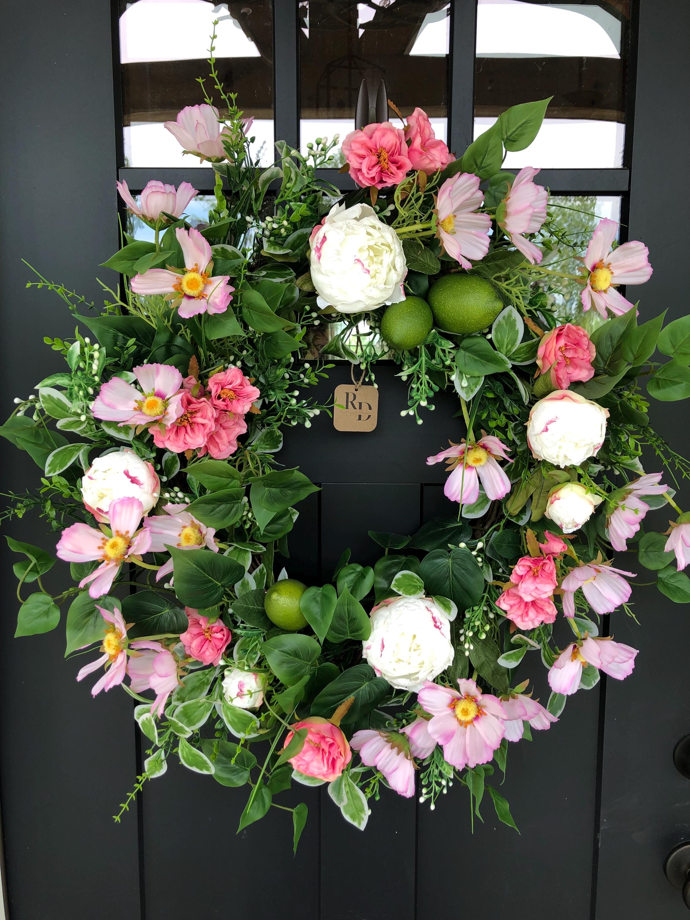 Pink Floral Summer Wreath: Cosmos, Peonies & Limes (29")