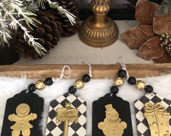 Set of 4 Harlequin Ornaments/ Black, White and Gold Whimsical Christmas ornaments/ Old World Inspired Christmas Ornaments