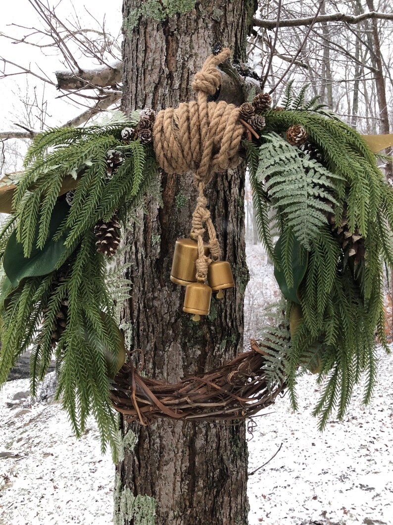 Rustic Winter Wreath: Ferns, Pine Cones & Gold Bells - Etsy