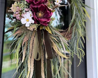 Extra Large Burgundy Magnolia Sawgrass Wreath with Olive Green Velvet Bow (50"L x 24"W)