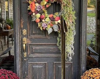 Large Cascading Fall Floral Wreath with Olive Green Velvet Bow (36" Diameter)