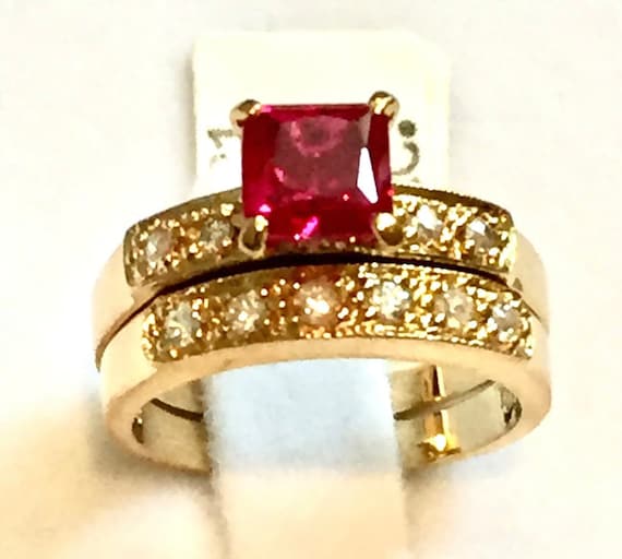 Myrna Loy Replica Ruby CZ Gold Wedding Ring Band Set UK
