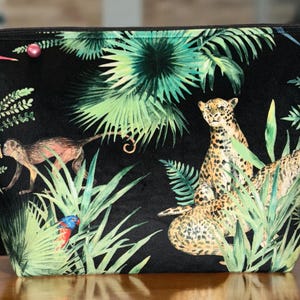 Plush velvet, Amazon animal print wash bag, storage, large cosmetics bag,with gold pull tassel and a pin button. Ideal gift for any occasion