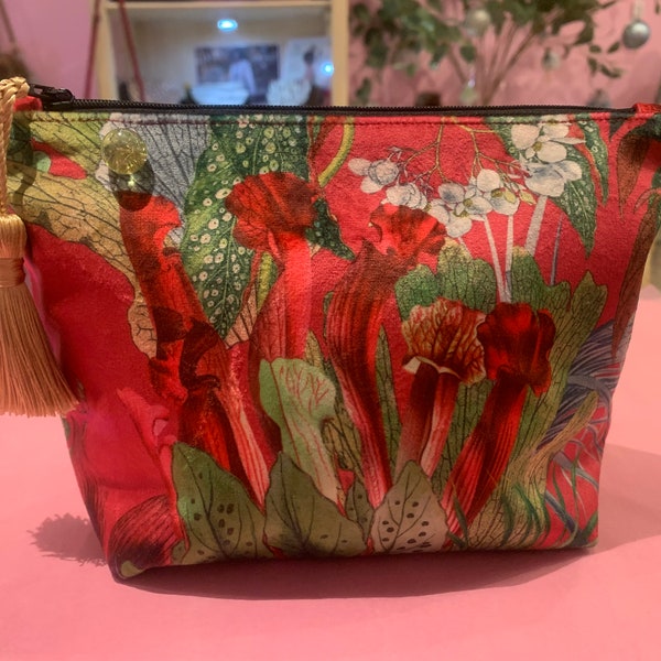 beautiful red velvet make up bag flower leaves makeup, cosmetic, vanity bag. Ideal  birthday, Mother’s Day gift valentines luxurious