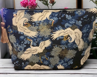 Japanese Crane Print Wash Bag: Large Cotton Cosmetic Bag with Tassel