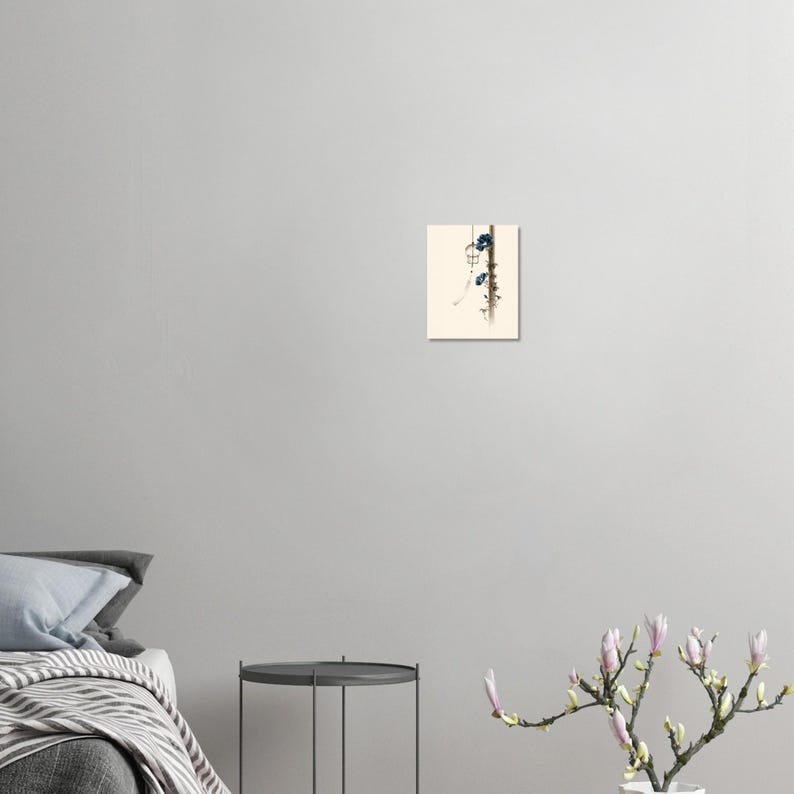 Windgong en Morning Glory print, Japanse Sumi-e stijl Japandi muurdecoratie afbeelding 4