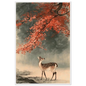 May include: A vertical art print featuring a spotted deer standing in a misty landscape beneath a large, overhanging tree branch filled with vibrant red maple leaves against a dark, moody, and atmospheric gray sky background.