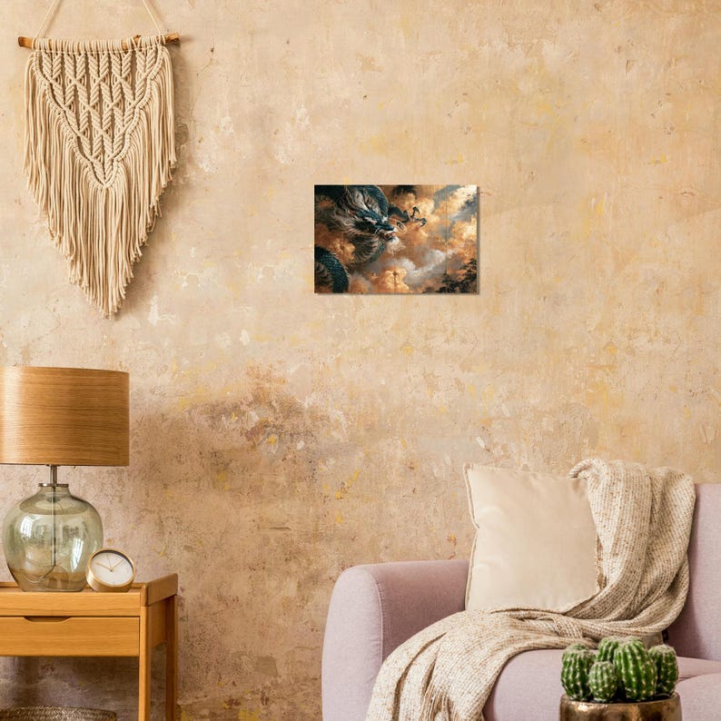 Print van een draak in de wolken, wanddecoratie in Japanse goudfolie-zeefdrukstijl. afbeelding 6