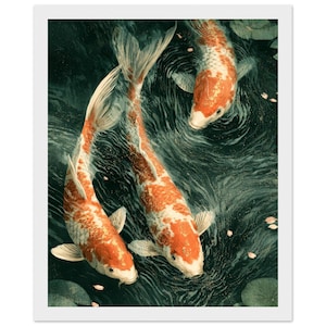 May include: Three koi fish with orange and white patterned scales swim through dark, swirling water. The fish are positioned at different angles, showing their long fins and bodies as they move through the deep, textured aquatic environment.