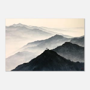 Estampa de paisaje de montañas brumosas, arte mural japonés estilo Sumi-e Japandi imagen 5
