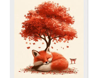 May include: A digital illustration of a sleeping orange fox curled up beneath a large tree with vibrant red maple leaves. A small red torii gate stands to the right of the fox, and scattered red leaves rest on the ground below.