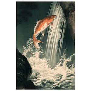 May include: A vibrant orange and white koi fish leaps upward against a powerful, cascading waterfall. The scene features dark, rocky cliffs on either side, with white, frothy water splashing at the base of the falls in a detailed illustration.
