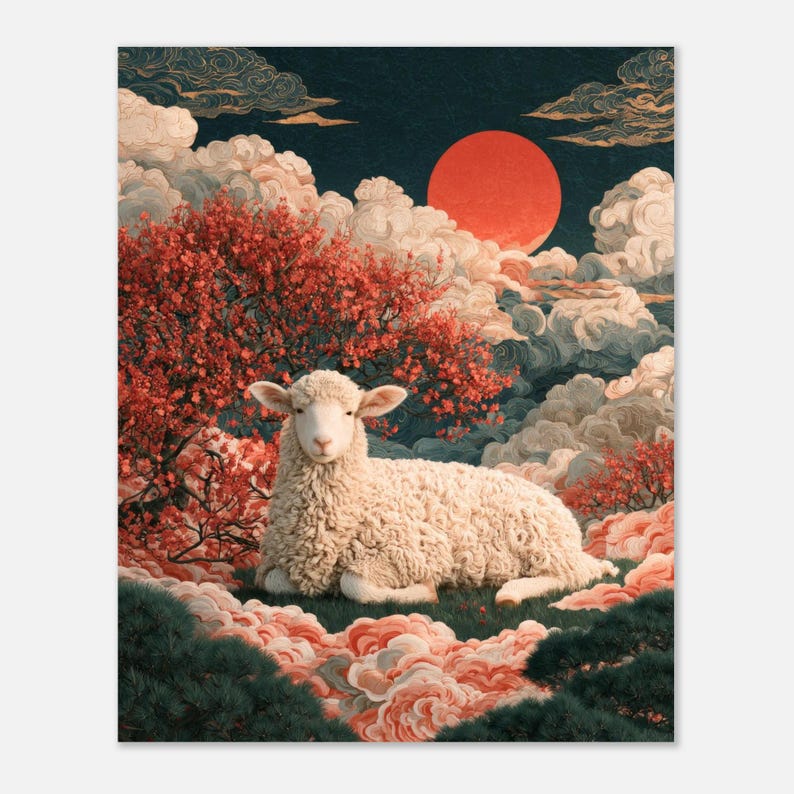 Year of the Sheep 2027 Print, Japanese Woodblock Style Wall Art image 3