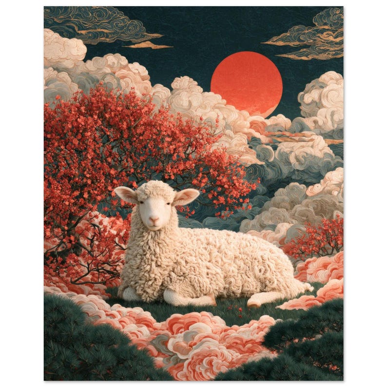 Year of the Sheep 2027 Print, Japanese Woodblock Style Wall Art image 1