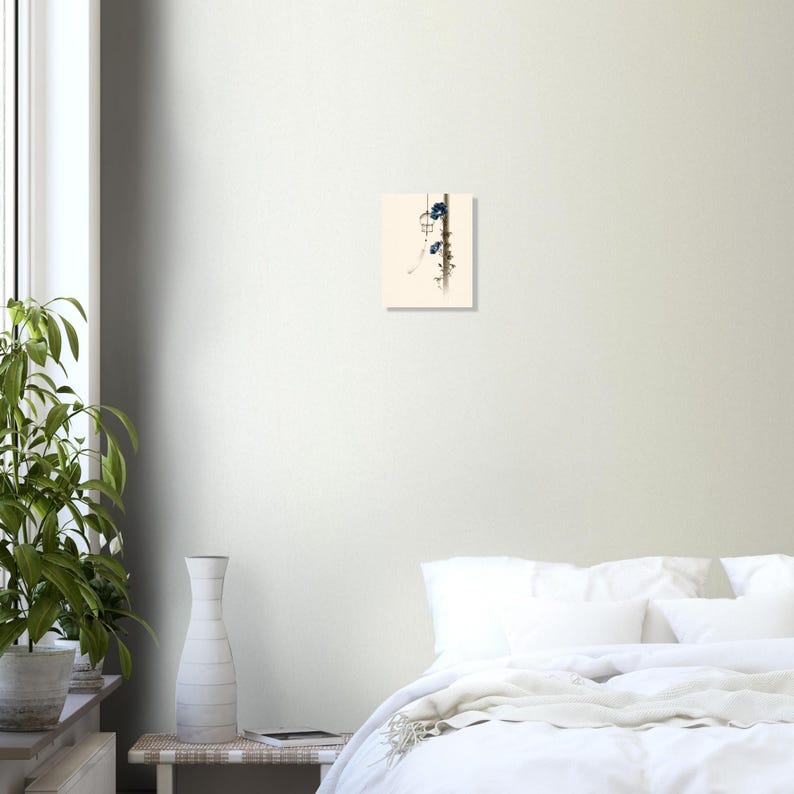 Windgong en Morning Glory print, Japanse Sumi-e stijl Japandi muurdecoratie afbeelding 6