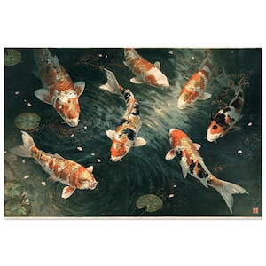 May include: A rectangular art print featuring six koi fish swimming in dark, rippling water. The fish display white, orange, and black patterns. Several green lily pads float on the surface, and a small red seal is visible in the bottom corner.