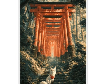 Könnte beinhalten: Ein weißer Fuchs mit einem roten Schal sitzt auf einer Steintreppe, die durch einen langen Tunnel aus leuchtend orangefarbenen Torii-Toren führt. Der Pfad ist von dichtem, dunkelgrünem Waldlaub unter weichem Licht umgeben.