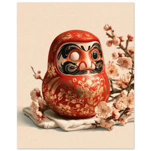 Daruma-Puppe und Pflaumenblüten-Druck, Wandkunst im japanischen Holzschnittstil Bild 1