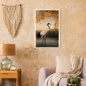 November Birth Flower Print, Ginkgo and Crane, Japanese Kachō-e Style Wall Art image 3