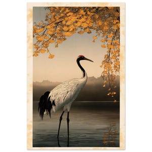 November Birth Flower Print, Ginkgo and Crane, Japanese Kachō-e Style Wall Art image 1