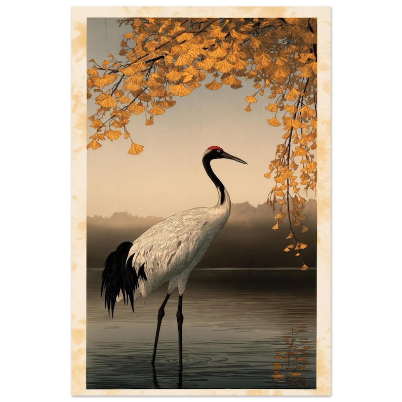 November Birth Flower Print, Ginkgo and Crane, Japanese Kachō-e Style Wall Art image 1