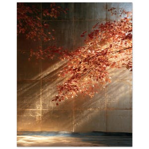 Op de afbeelding: Een wandkunstprint met levendige rode en oranje Japanse esdoornbladeren die vanuit de bovenhoeken over een gestructureerde, metallic goudkleurige rasterachtergrond reiken, waarbij lichtstralen schaduwen over het oppervlak werpen.