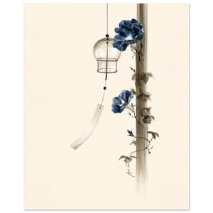 Windgong en Morning Glory print, Japanse Sumi-e stijl Japandi muurdecoratie afbeelding 1