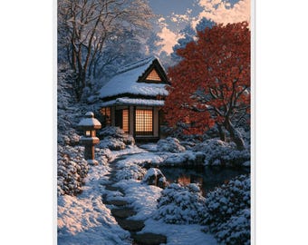 Könnte beinhalten: Eine schneebedeckte Landschaft mit einem traditionellen Haus mit leuchtenden Fenstern, einer Steinlaterne und einem gewundenen Pfad, der zu einem kleinen Teich führt. Ein großer Baum mit leuchtend roten Blättern steht neben dem Haus.