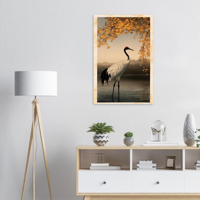 November Birth Flower Print, Ginkgo and Crane, Japanese Kachō-e Style Wall Art image 4