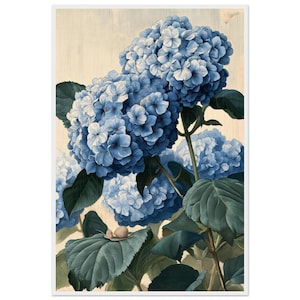 May include: A vertical botanical illustration featuring clusters of vibrant blue hydrangea flowers with layered petals. Large, dark green, serrated leaves are visible on the stems. A small, light brown snail rests on a leaf in the lower section.