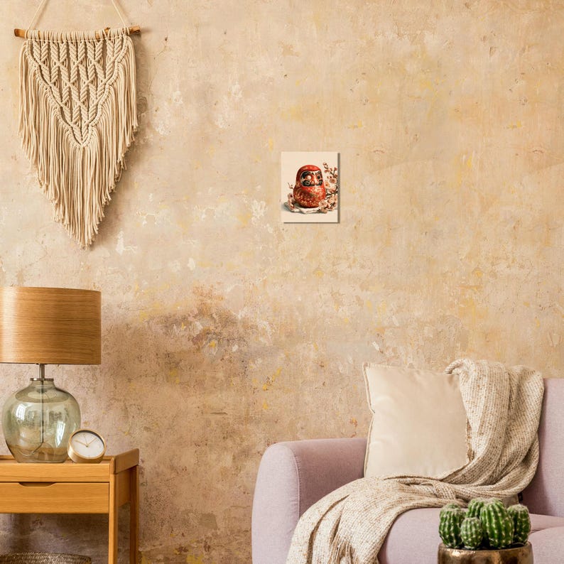 Daruma-Puppe und Pflaumenblüten-Druck, Wandkunst im japanischen Holzschnittstil Bild 7