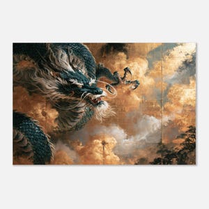 Print van een draak in de wolken, wanddecoratie in Japanse goudfolie-zeefdrukstijl. afbeelding 2