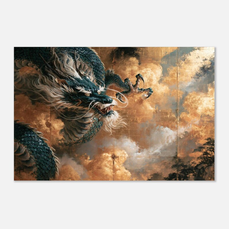 Print van een draak in de wolken, wanddecoratie in Japanse goudfolie-zeefdrukstijl. afbeelding 2