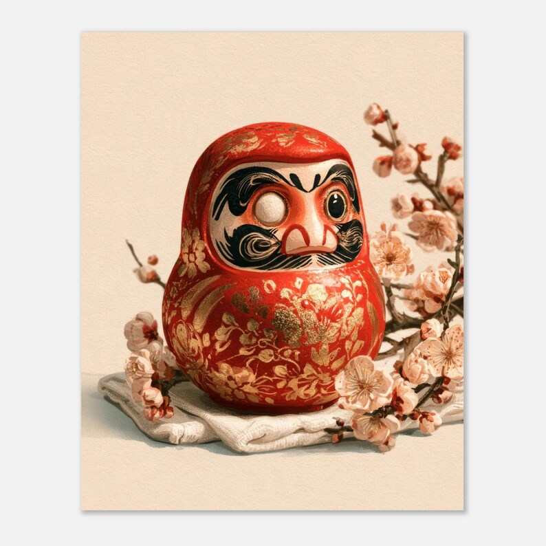 Daruma-Puppe und Pflaumenblüten-Druck, Wandkunst im japanischen Holzschnittstil Bild 2
