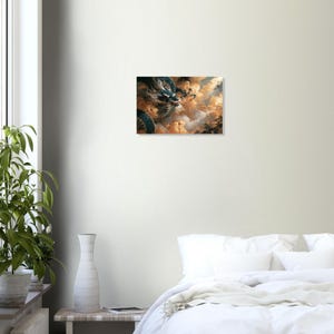 Print van een draak in de wolken, wanddecoratie in Japanse goudfolie-zeefdrukstijl. afbeelding 7