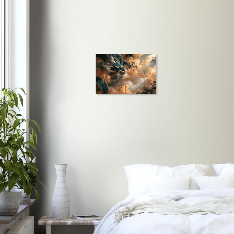 Print van een draak in de wolken, wanddecoratie in Japanse goudfolie-zeefdrukstijl. afbeelding 7