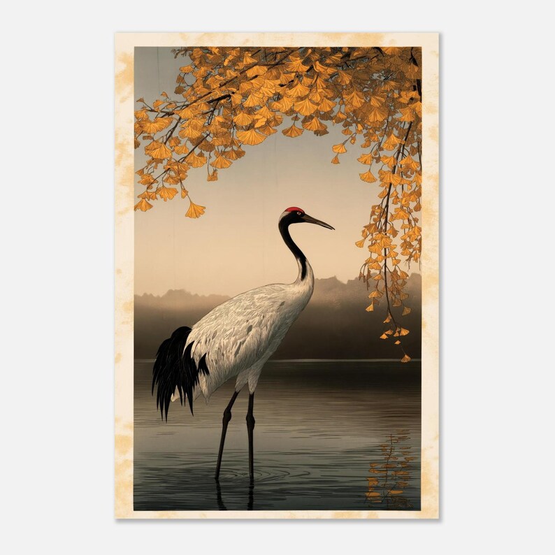 November Birth Flower Print, Ginkgo and Crane, Japanese Kachō-e Style Wall Art image 7