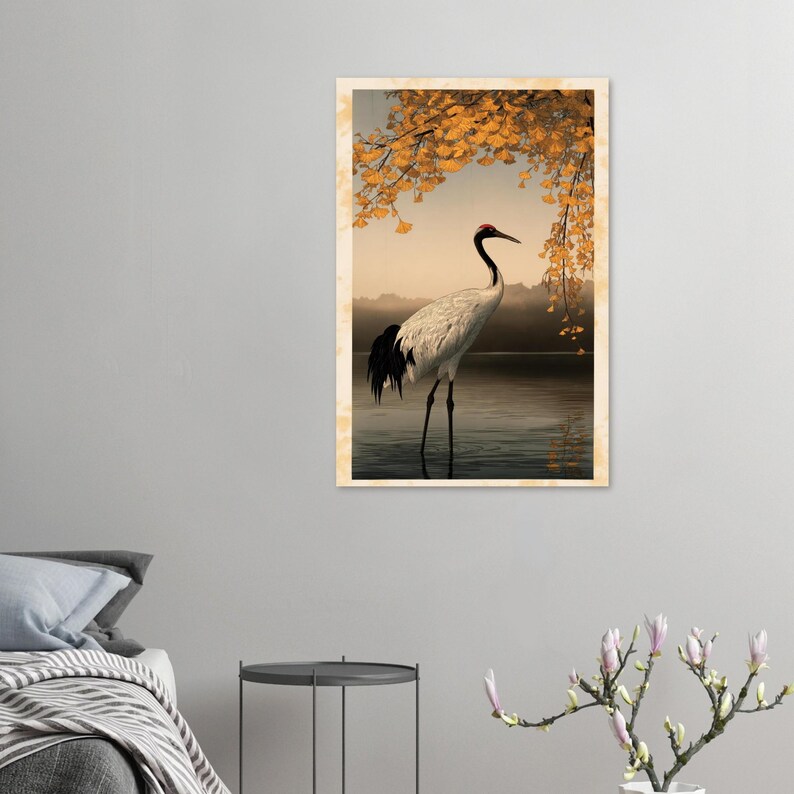 November Birth Flower Print, Ginkgo and Crane, Japanese Kachō-e Style Wall Art image 5